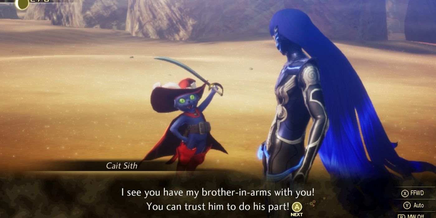 SMT 5 the protagonist talking with a Cait Sith
