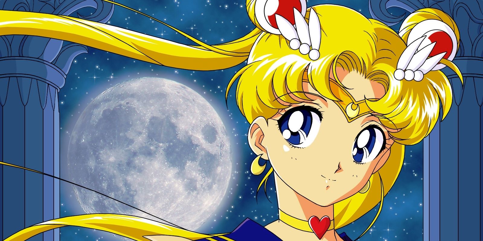 Usagi in Sailor Moon form standing next to moon