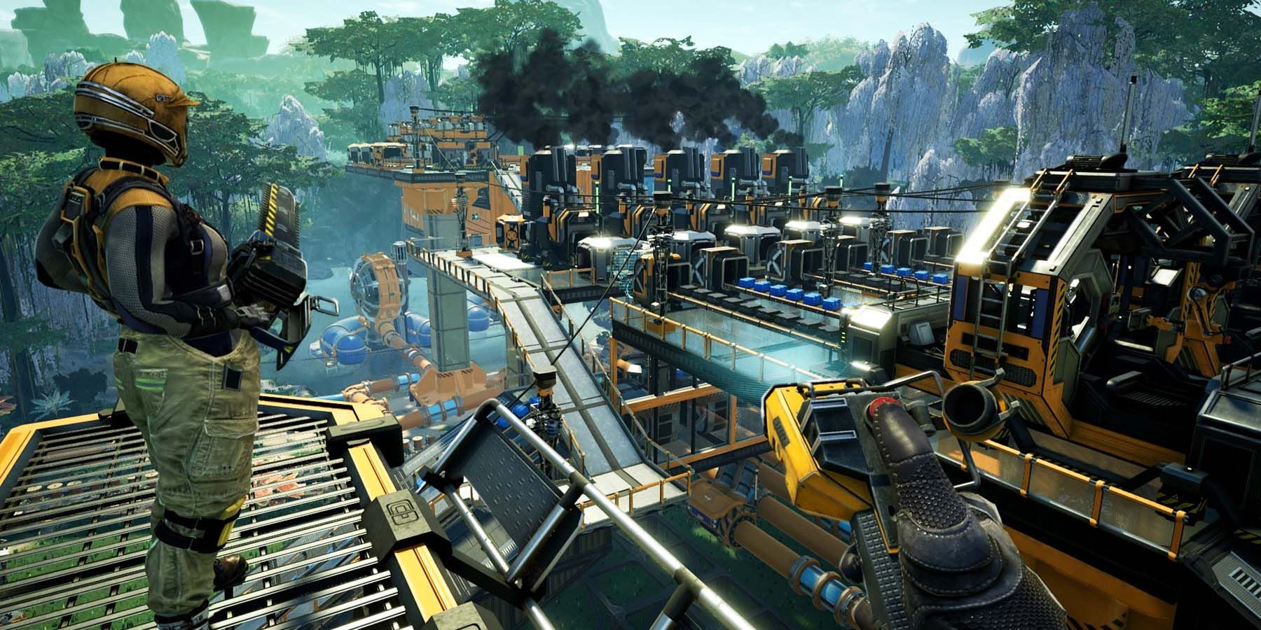 Satisfactory Player Looking at a Factory