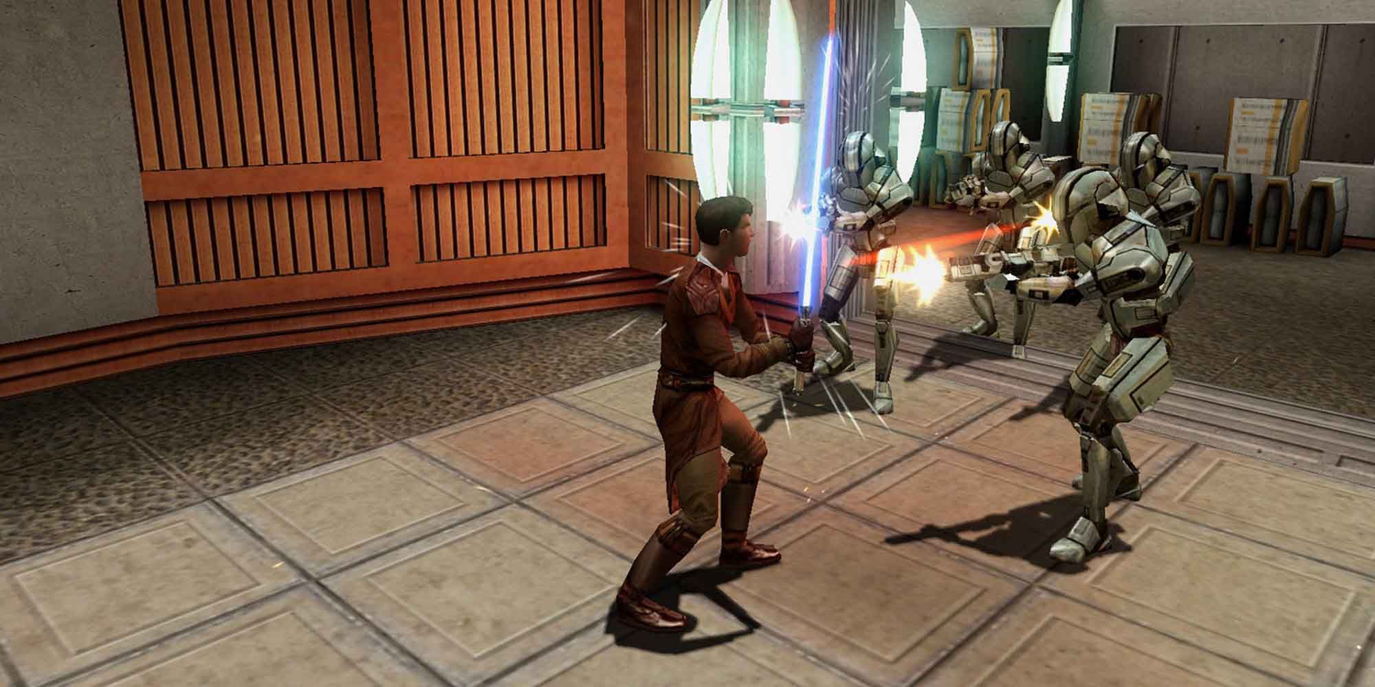A Jedi fighting a group of droids in Star Wars: Knights of the Old Republic