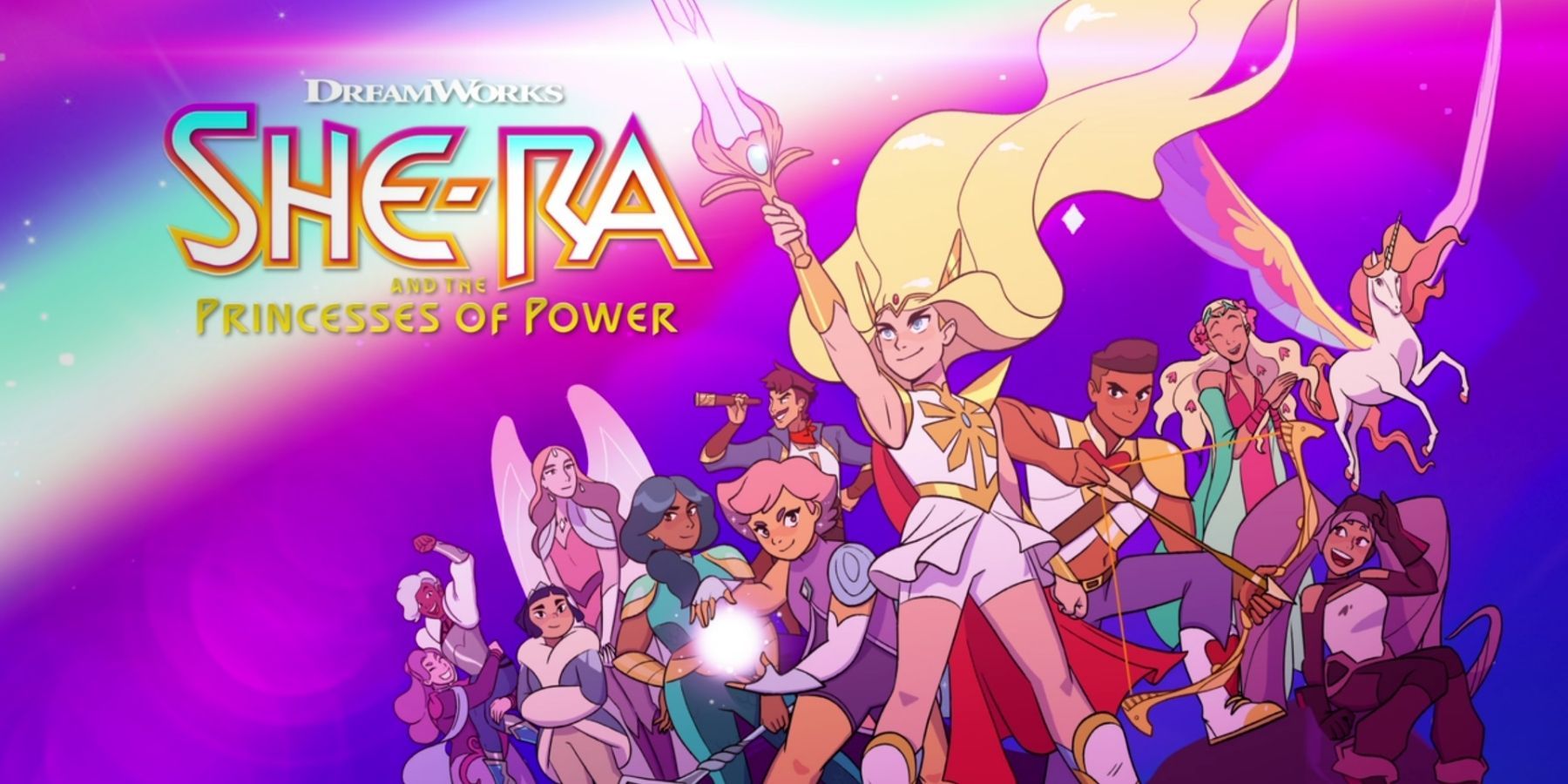 Characters from She-Ra and the Princess of Power posing and smiling