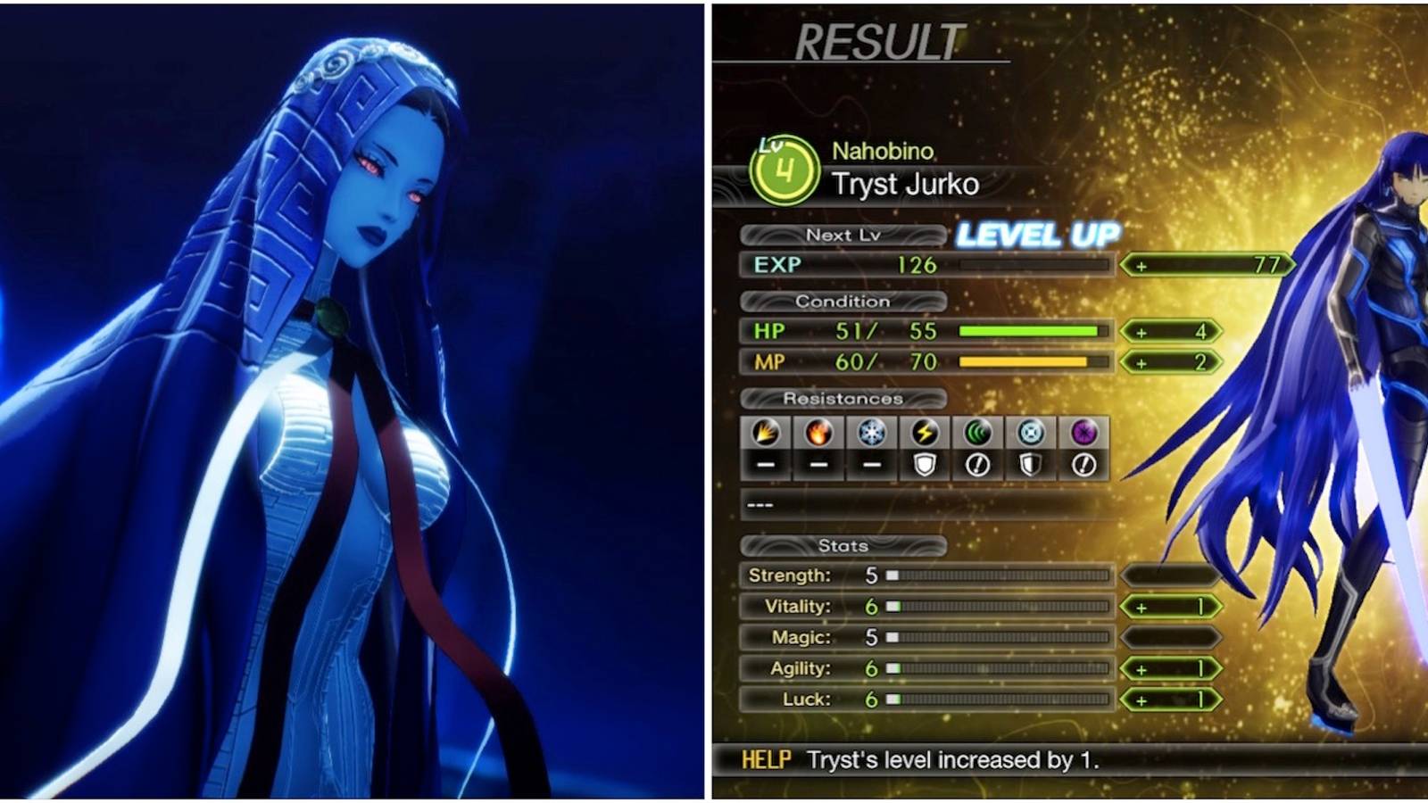 Sophia and the level up screen from Shin Megami Tensei 5