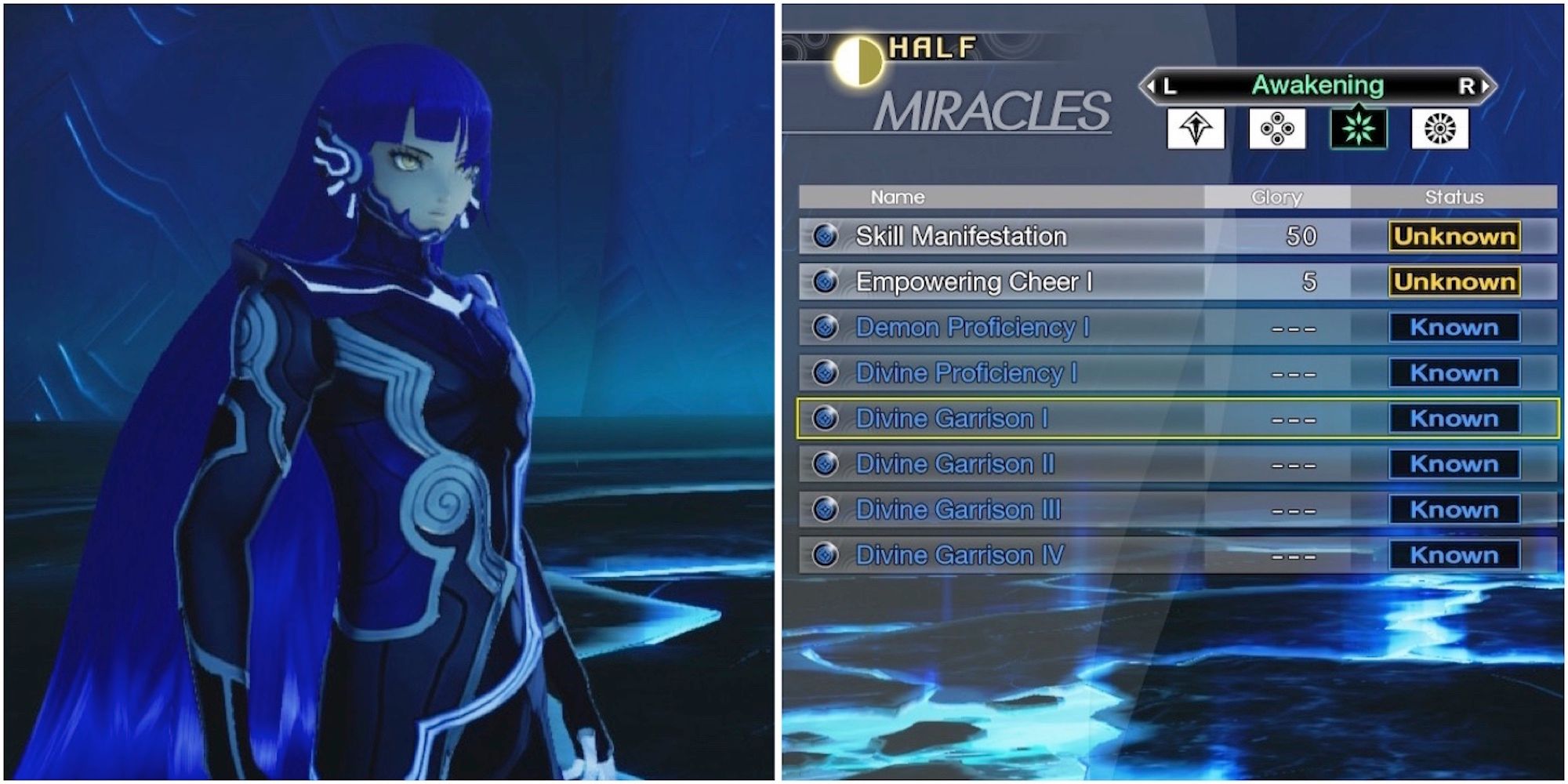 The main character and the Miracles menu from Shin Megami Tensei 5
