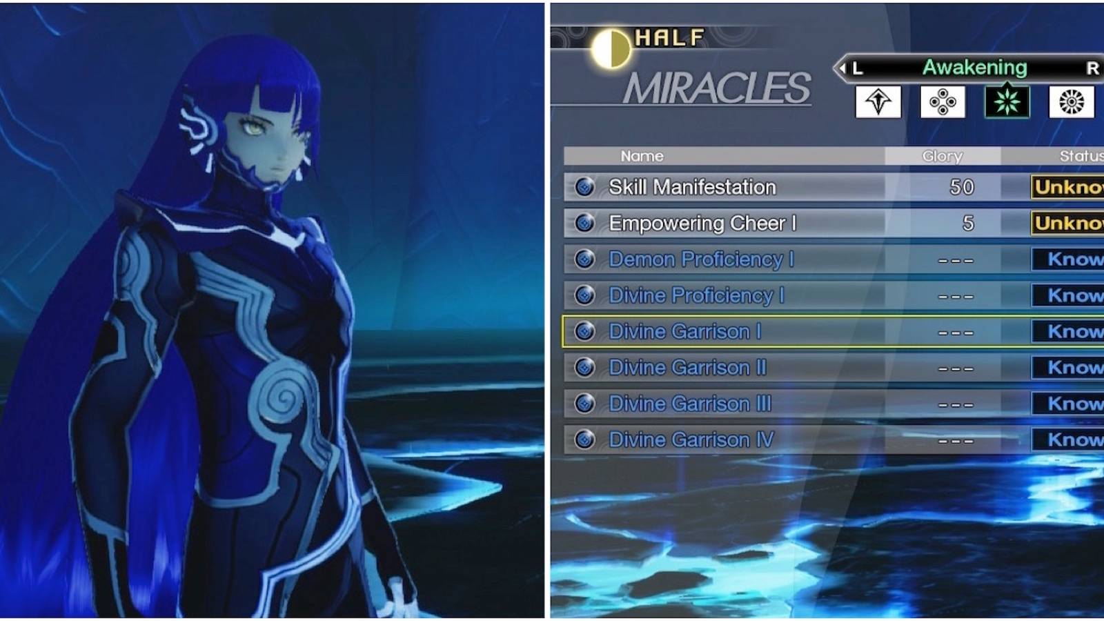 The main character and the Miracles menu from Shin Megami Tensei 5