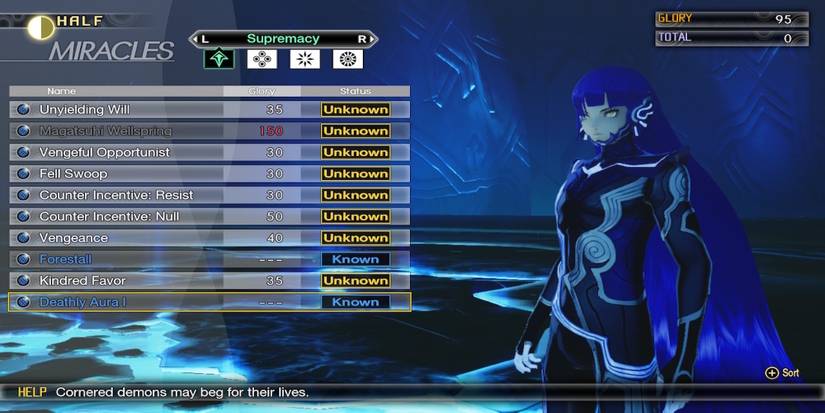 The Deathly Aura Miracle from the menu in Shin Megami Tensei 5