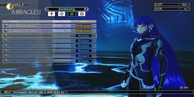 The Demon Proficiency Miracle from the menu in Shin Megami Tensei 5