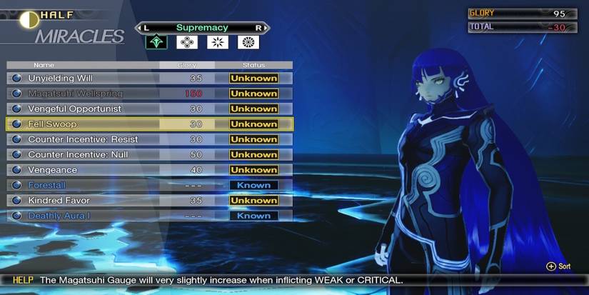 The Fell Swoop Miracle from the menu in Shin Megami Tensei 5