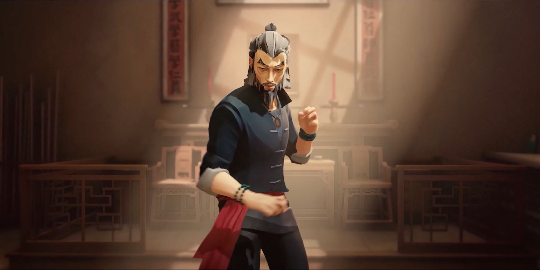 The protagonist of Sifu at late middle age standing in an empty room