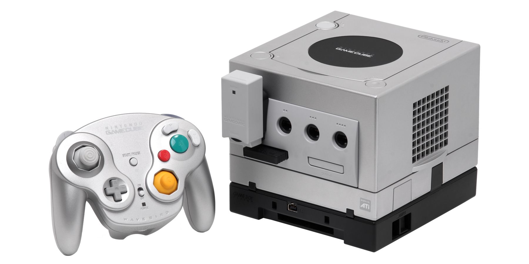 Silver GameCube with wireless wavebird controller