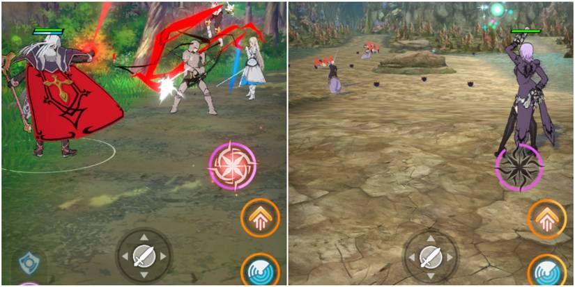 a man in red cloak shoots red lightning at an enemy knight; a woman in black clothing stands at the entrance to a large cave