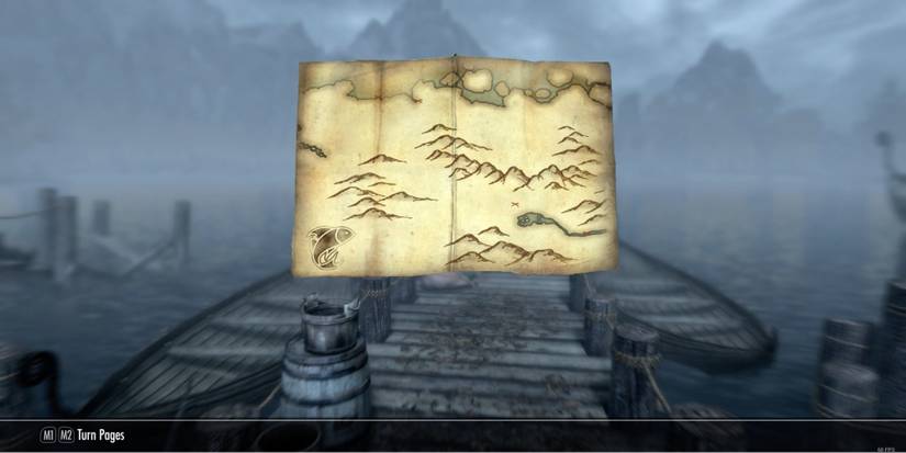 Skyrim - The Dragonborn views a fishing map