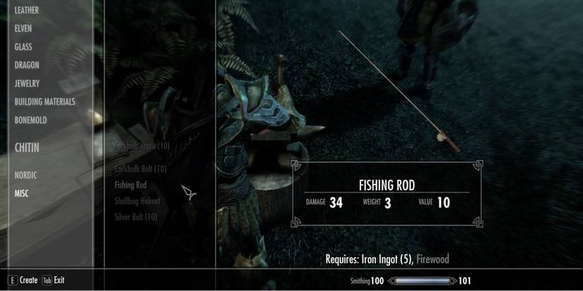 Skyrim - Craft a fishing rod requires iron ingot and Firewood 
