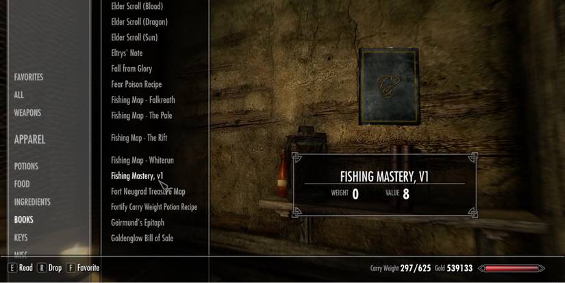 Skyrim - First volume of Fishing Mastery kept on bookshelf
