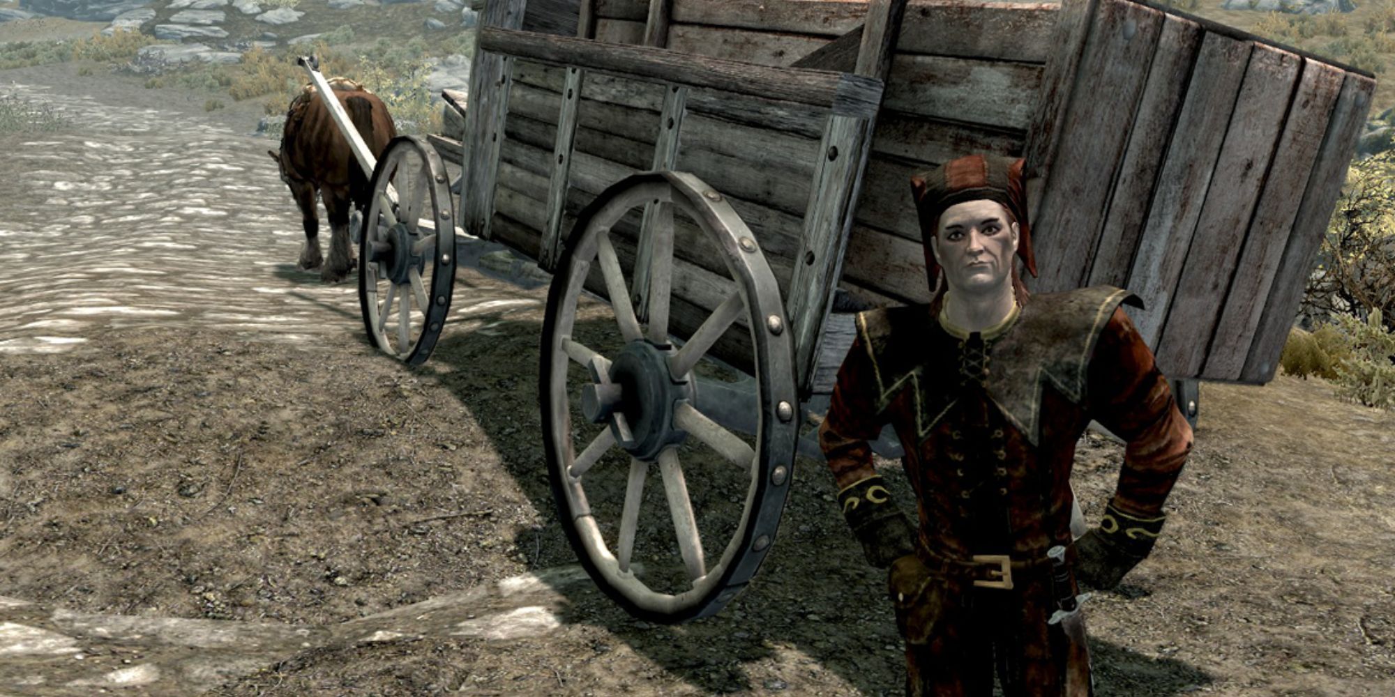 The Delayed Burial Quest With Cicero standing in front of a wagon in Skyrim