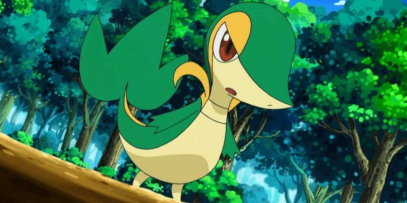 A Snivy standing in a forest and making a serious face in the Pokemon anime