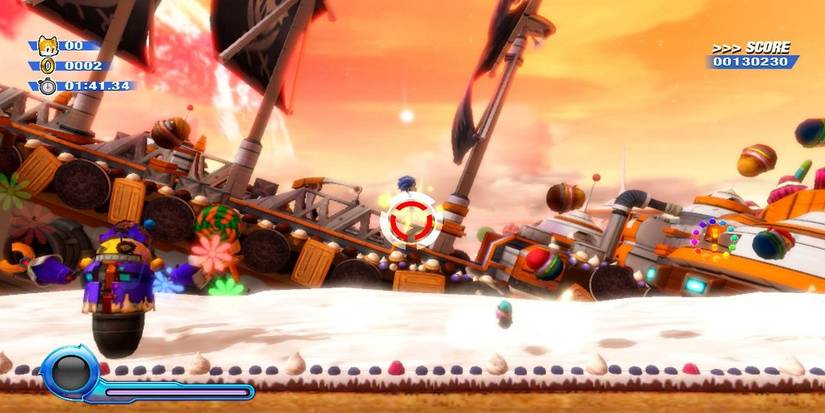 Sonic using the Homing Attack against the Sweet Mountain Boss's minions to rack up points Sonic Colors Ultimate