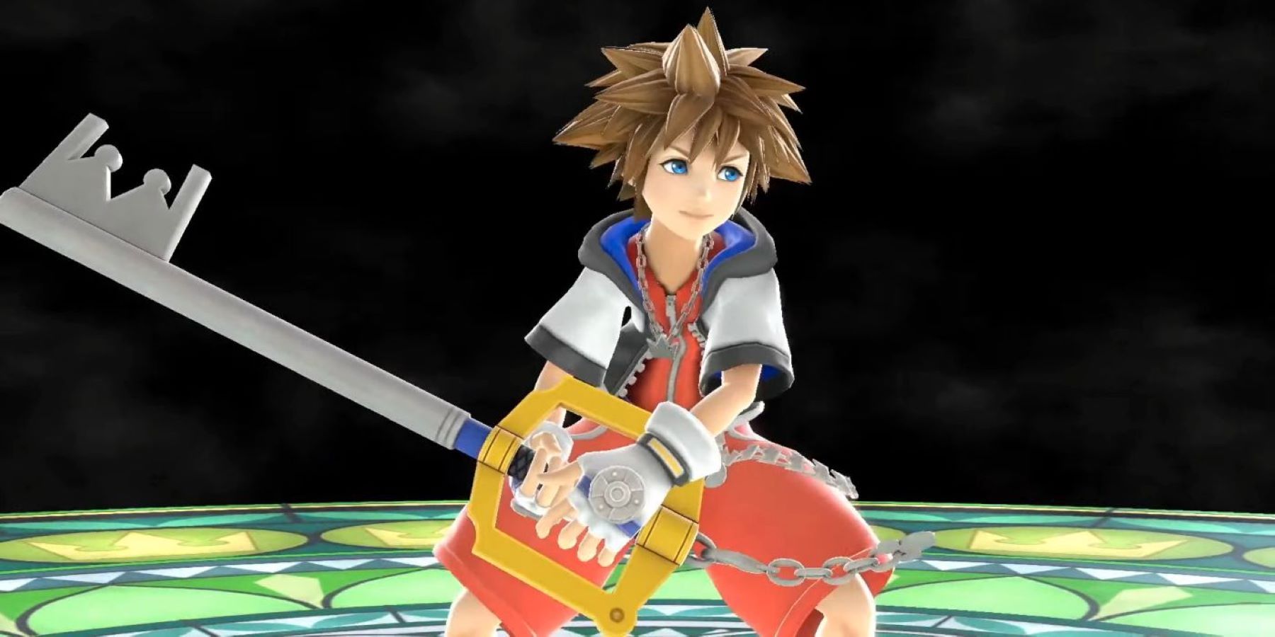 Sora holding his Keyblade and standing in the Hollow Bastion stage's Dive to the Heart form in Super Smash Bros. Ultimate