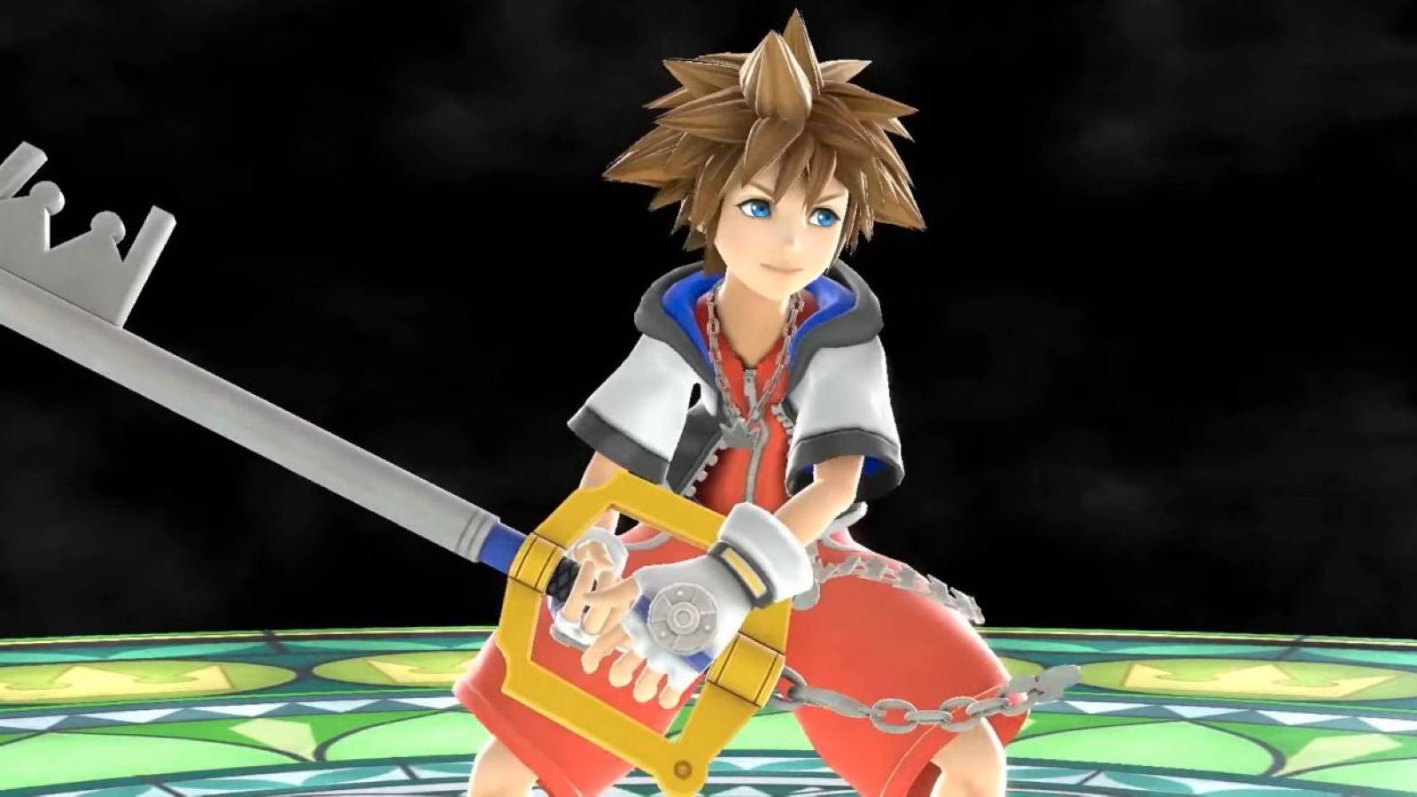 Sora holding his Keyblade and standing in the Hollow Bastion stage's Dive to the Heart form in Super Smash Bros. Ultimate
