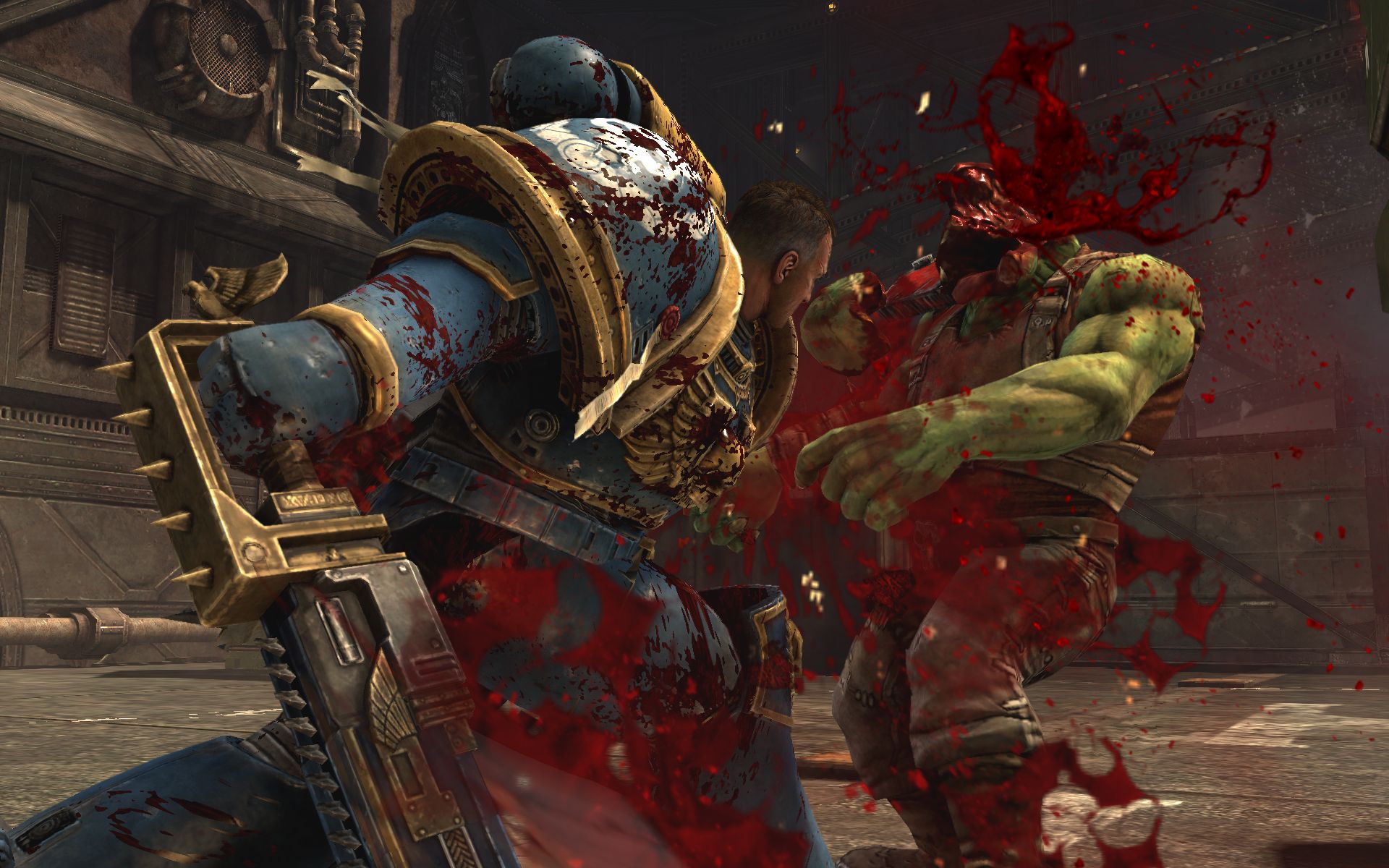 Titus From Warhammer 40K: Space Marine Explodes An Ork's Head. 