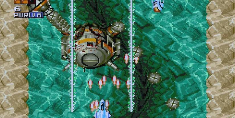 Space Megaforce firing at circular robotic foe over water stage