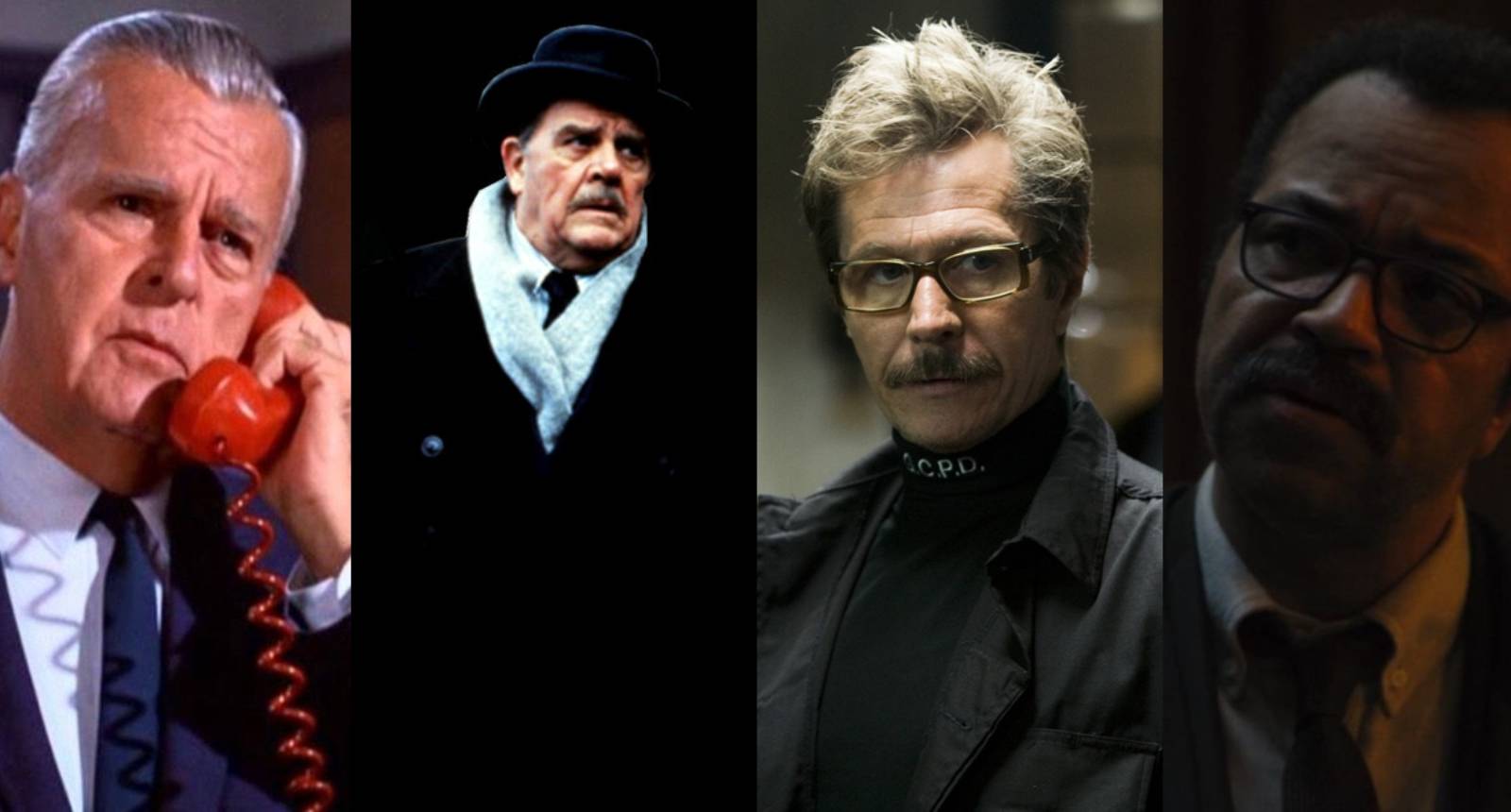 Split image of Neil Hamilton, Pat Hingle, Gary Oldman, and Jeffrey Wright as Commissioner Gordon