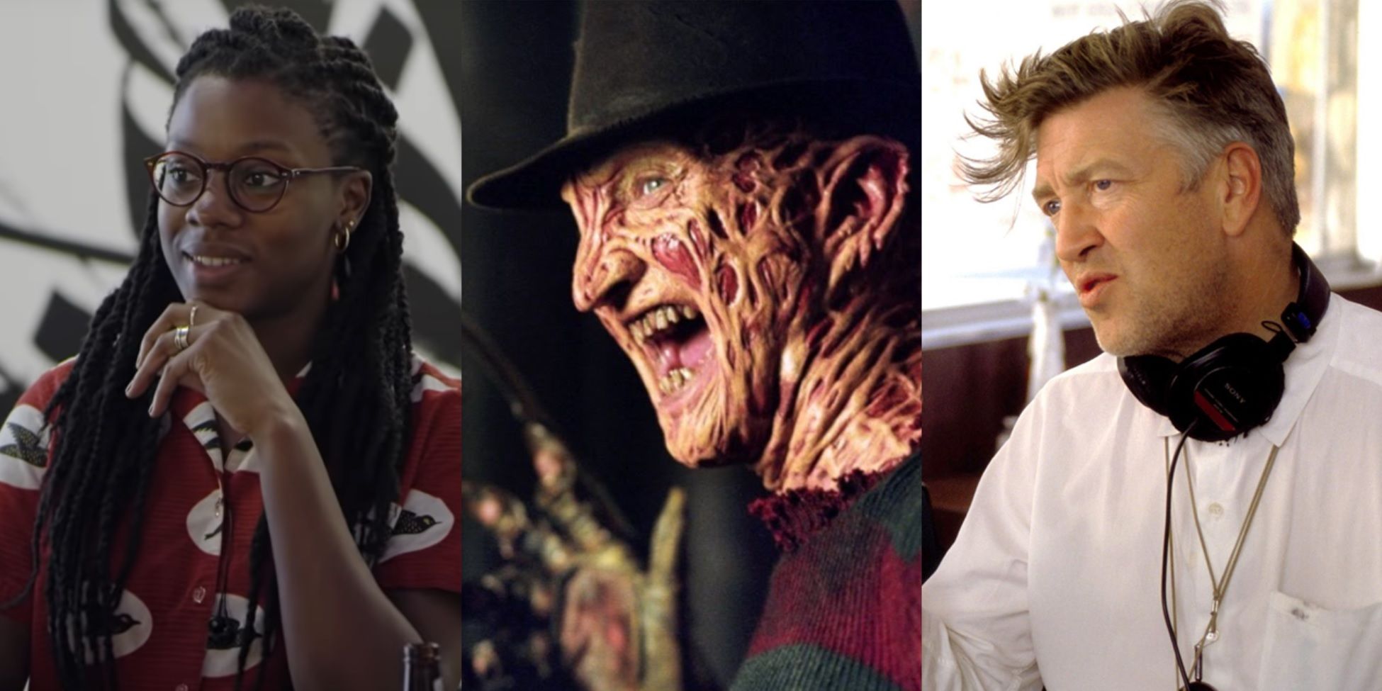 Split image of Nia DaCosta on the set of Candyman, Robert Englund in A Nightmare on Elm Street, and David Lynch directing Mulholland Drive