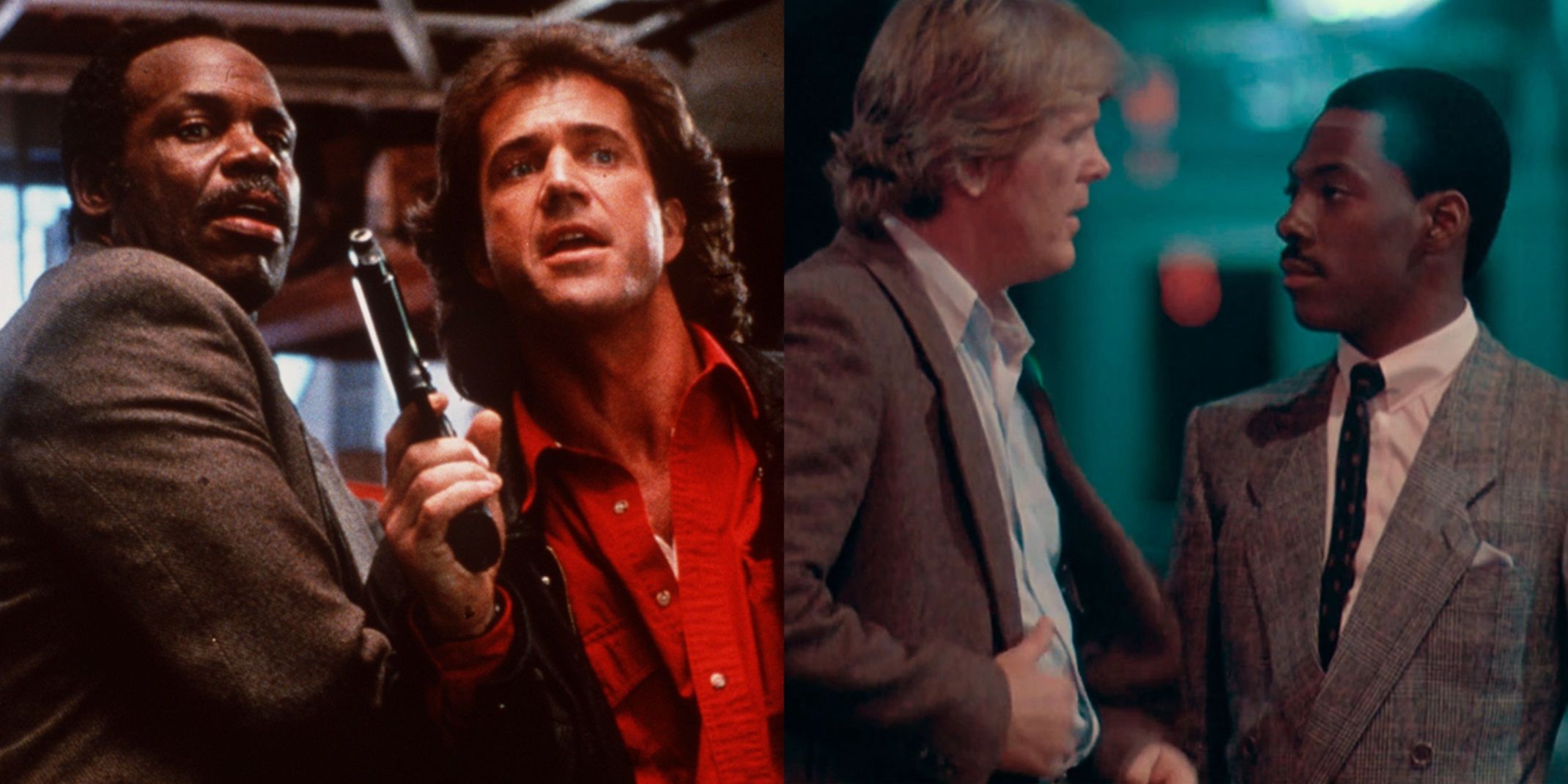 Split image of Riggs and Murtaugh in Lethal Weapon and Cates and Reggie in 48 Hrs