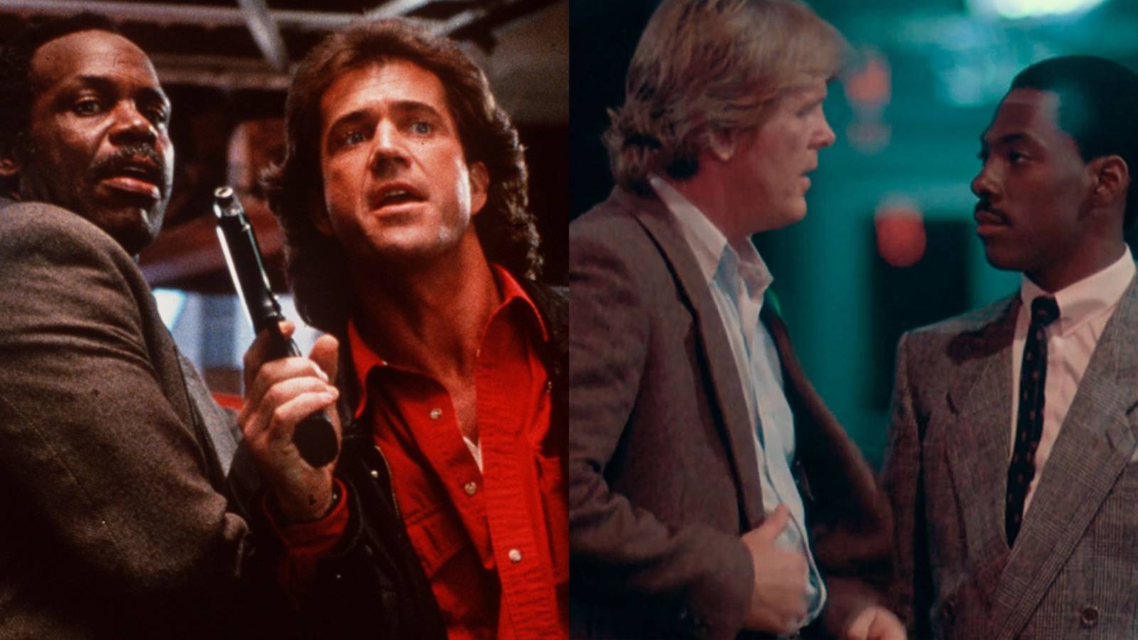 Split image of Riggs and Murtaugh in Lethal Weapon and Cates and Reggie in 48 Hrs