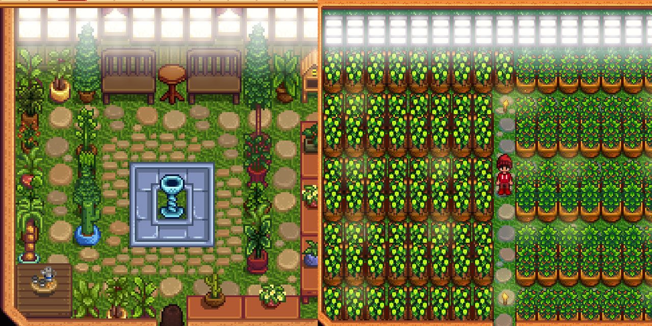 Stardew Valley Sheds Greenhouse with trees and greenhosue with hops and coffee beans