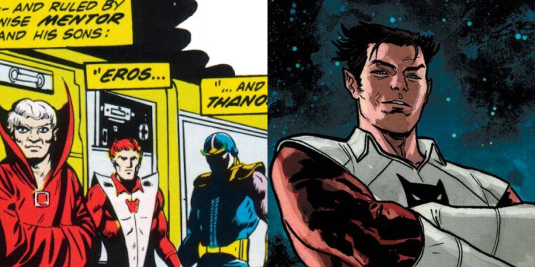 A split image depicts the classic Eros with his father and Thanos as well as the modern depiction of Starfox