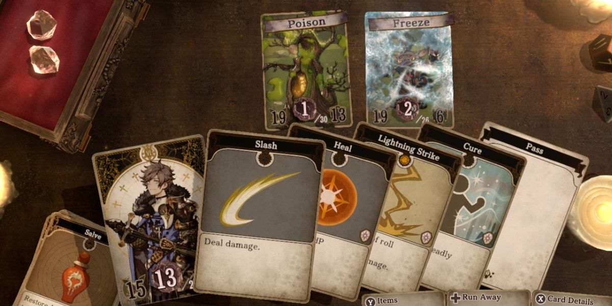 hero card with attacks lined up below and two enemy cards with poison and freeze effects 