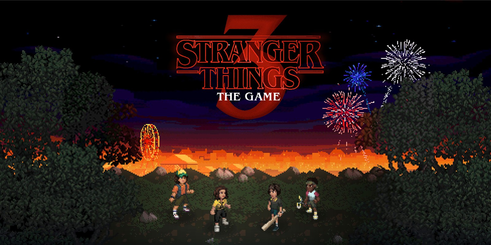 Stranger Things 3: The Game depicting the central characters in a field 