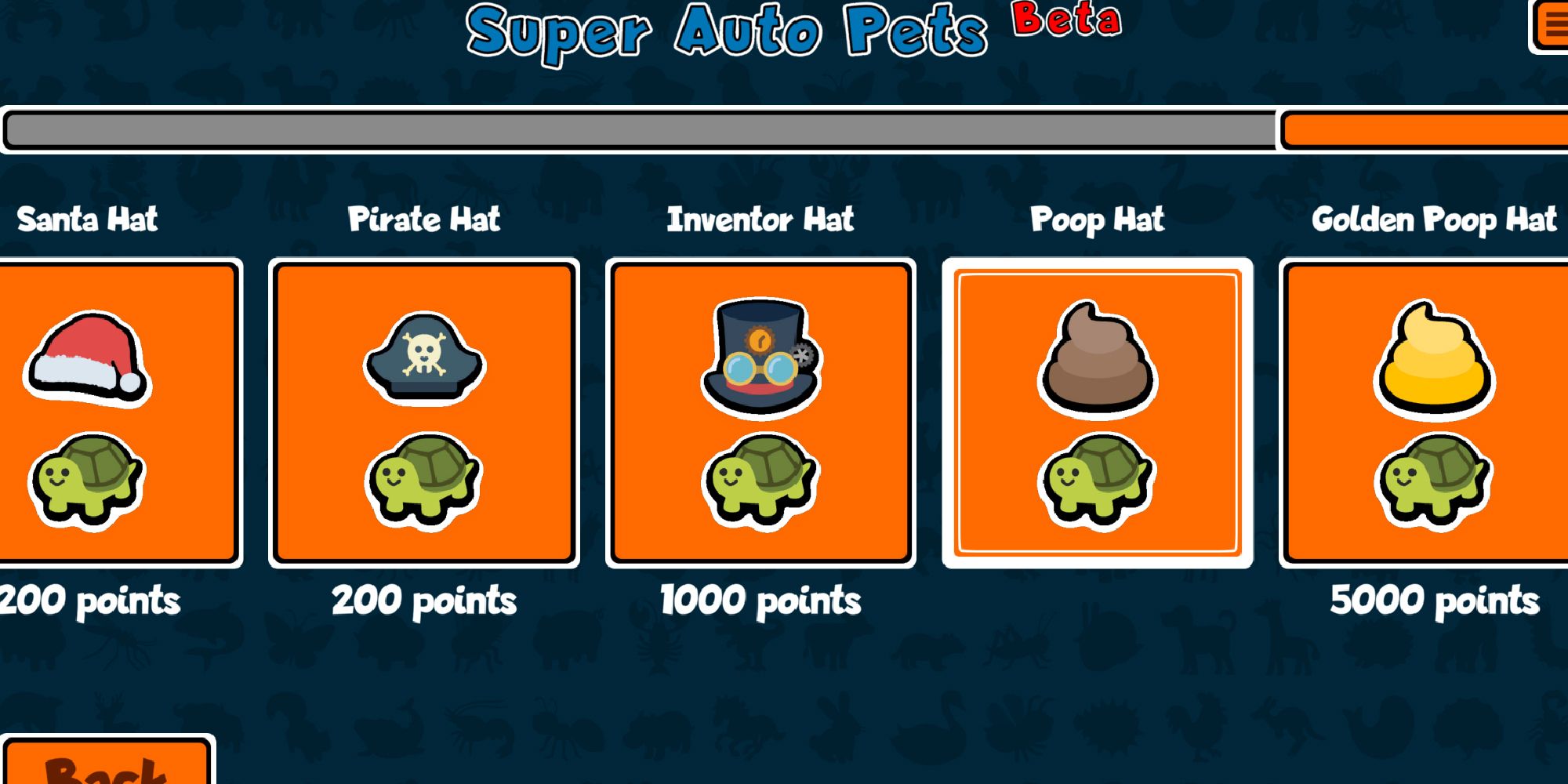 Super Auto Pets - An Example Of Some Hats Players Can Buy With Points