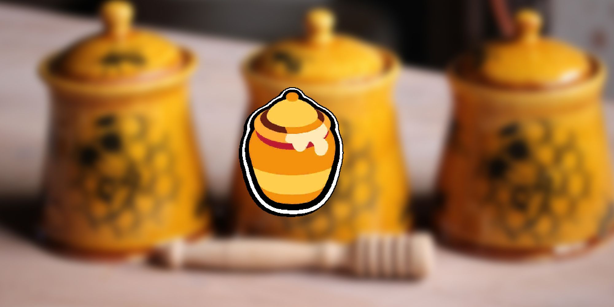 Super Auto Pets - In-Game Honey Item PNG Overlaid On Image Of Custom-Made Honey Pots In Real Life