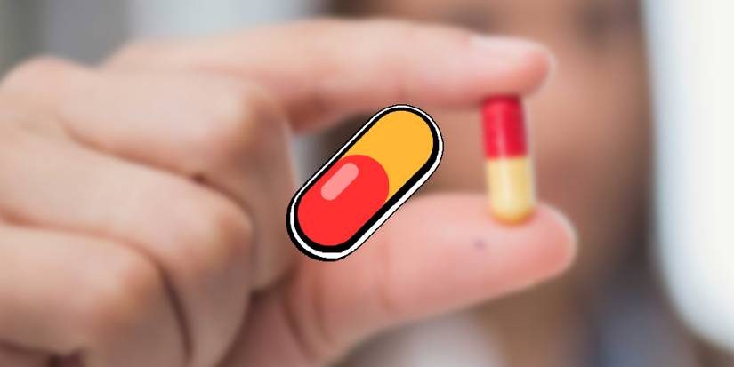 Super Auto Pets - In-Game Sleeping Pill Item Overlaid On Image Of Woman Holding Up A Pill To Camera