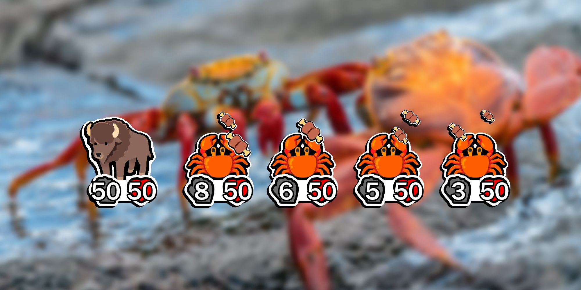 Super Auto Pets - PNG Of 50 Hp 50 Pow Bison With 4 Crabs Behind It Overlaid On Image Of Two Crabs