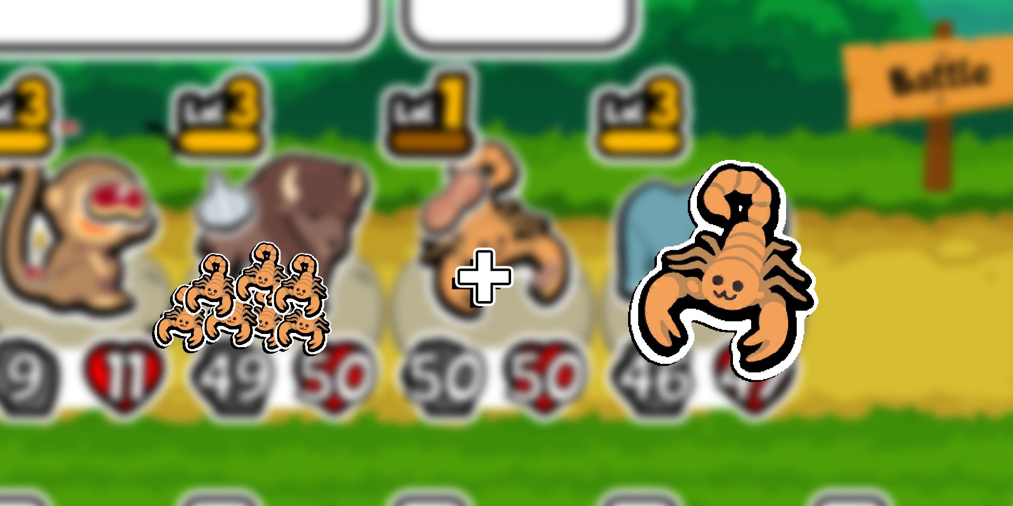 Super Auto Pets - PNG Of Scorpion And Oversized PNG Of Scorpion Pet Overlaid On Image Of A 50 HP 50 Pow Scorpion In-Game