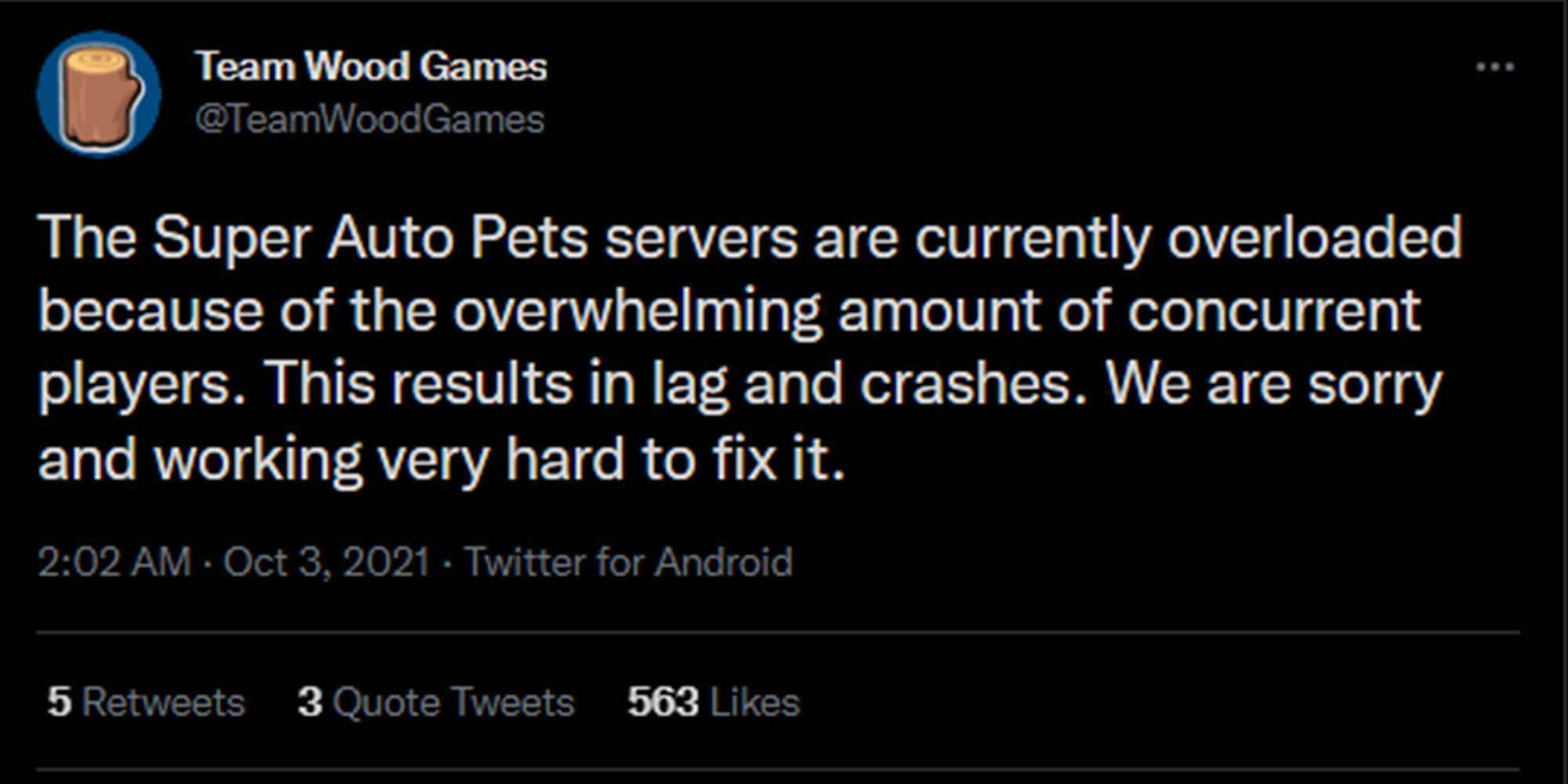 Super Auto Pets - Team Wood Games Tweet On Server Instability