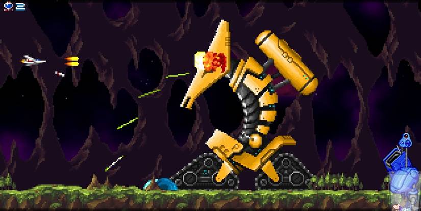 Super Hydorah firing at robotic enemy tank in grassy cave