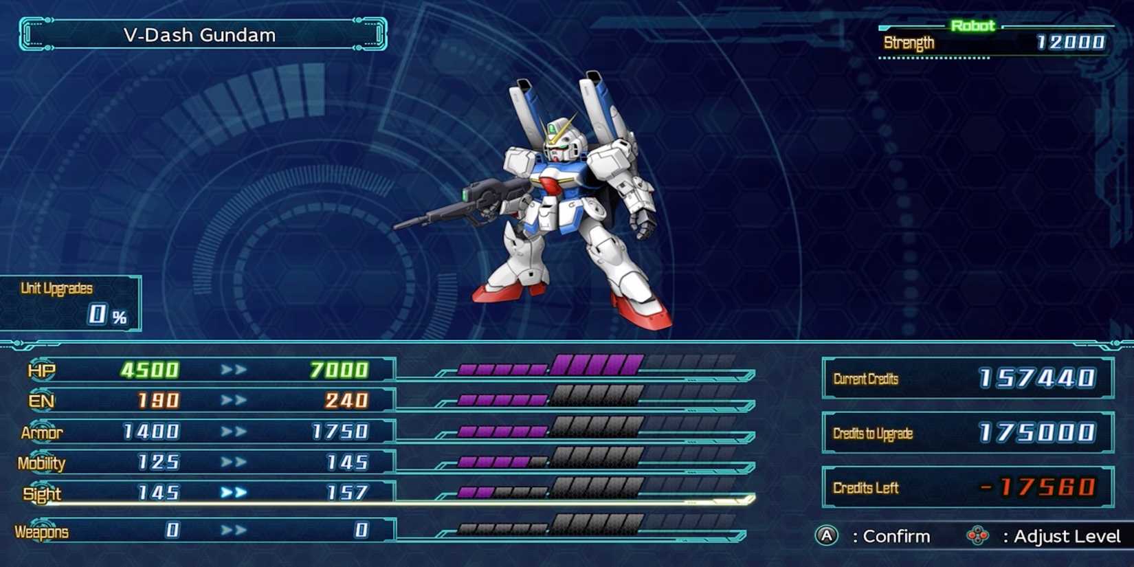 The mech upgrade menu from Super Robot Wars 30