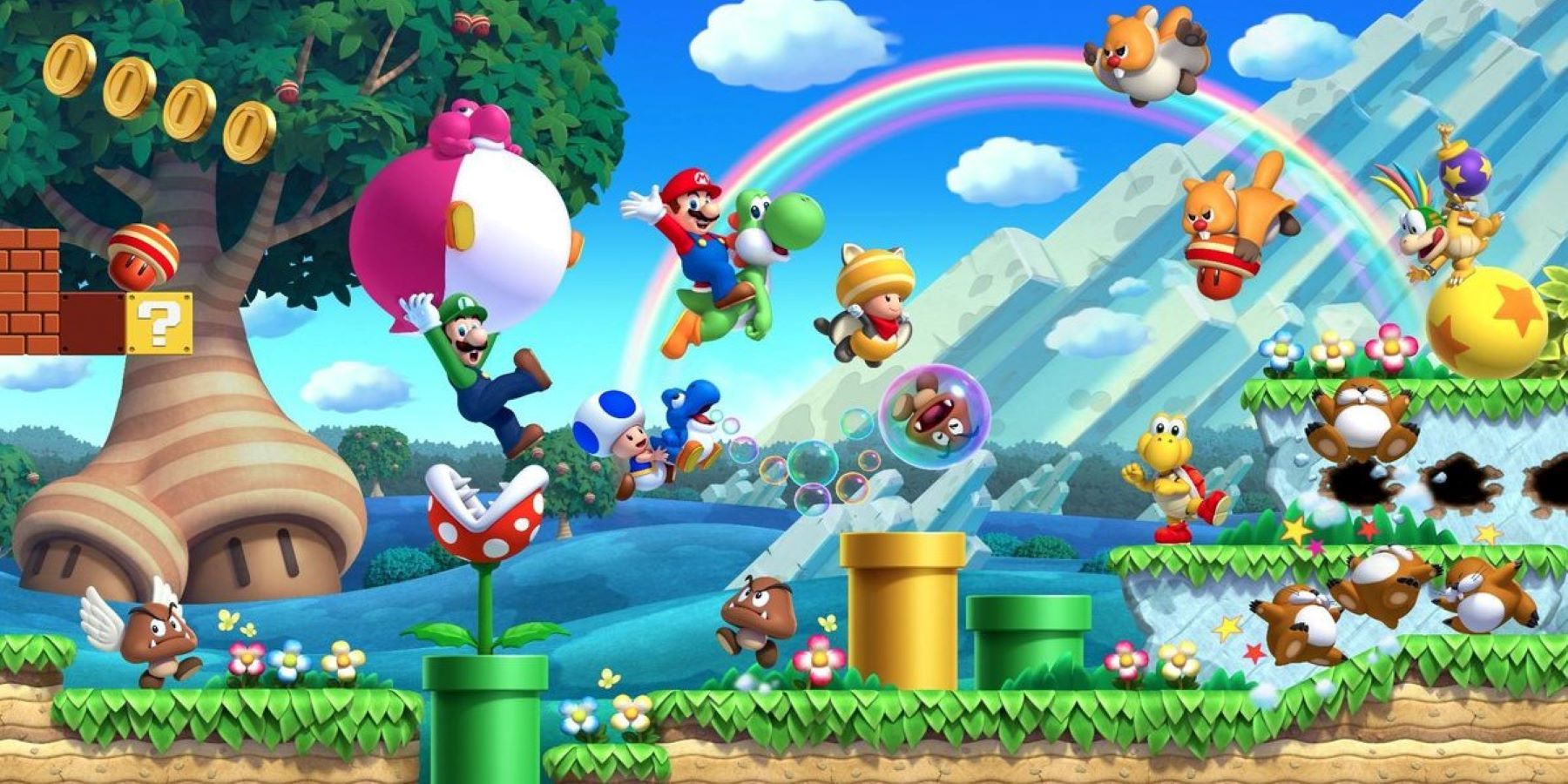 Mario, Yoshi, Blue Toad, and Yellow Toad moving through a New Super Mario Bros. U level with Goombas, Koopas, Monty Moles, Lemmy Koopa, and more enemies