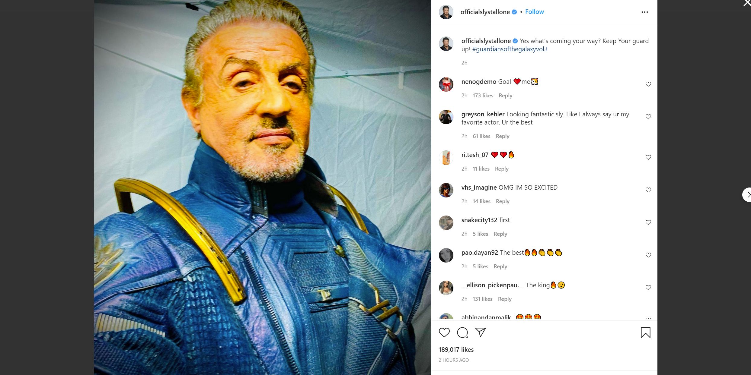 Sylvester Stallone releases look at GOTG3 costume