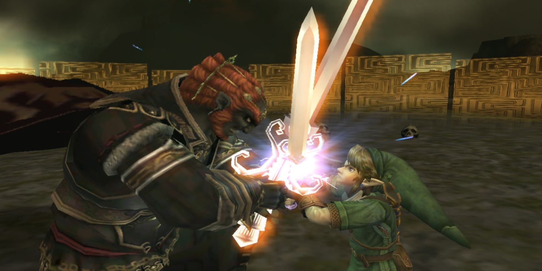 Link and Ganondorf clashing in Hyrule Field during the final boss battle of The Legend of Zelda: Twilight Princess