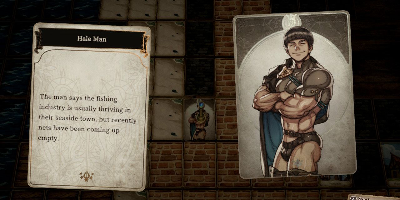 a muscular man with little clothing and a bowl cut next to a card of his dialogue