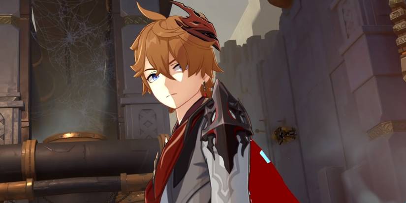 Tartaglia looking at the Ruin Guards machine