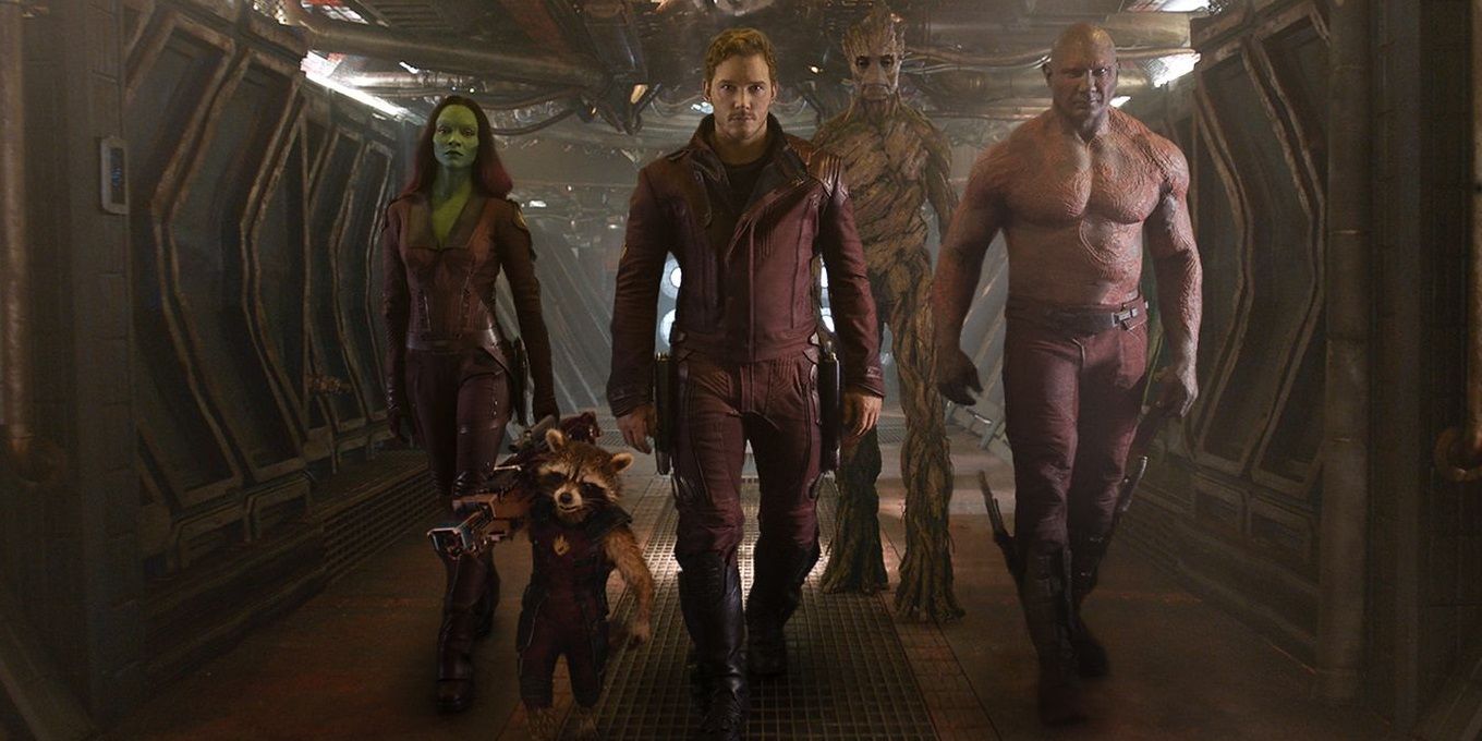 The Guardians of the Galaxy walking down a hallway