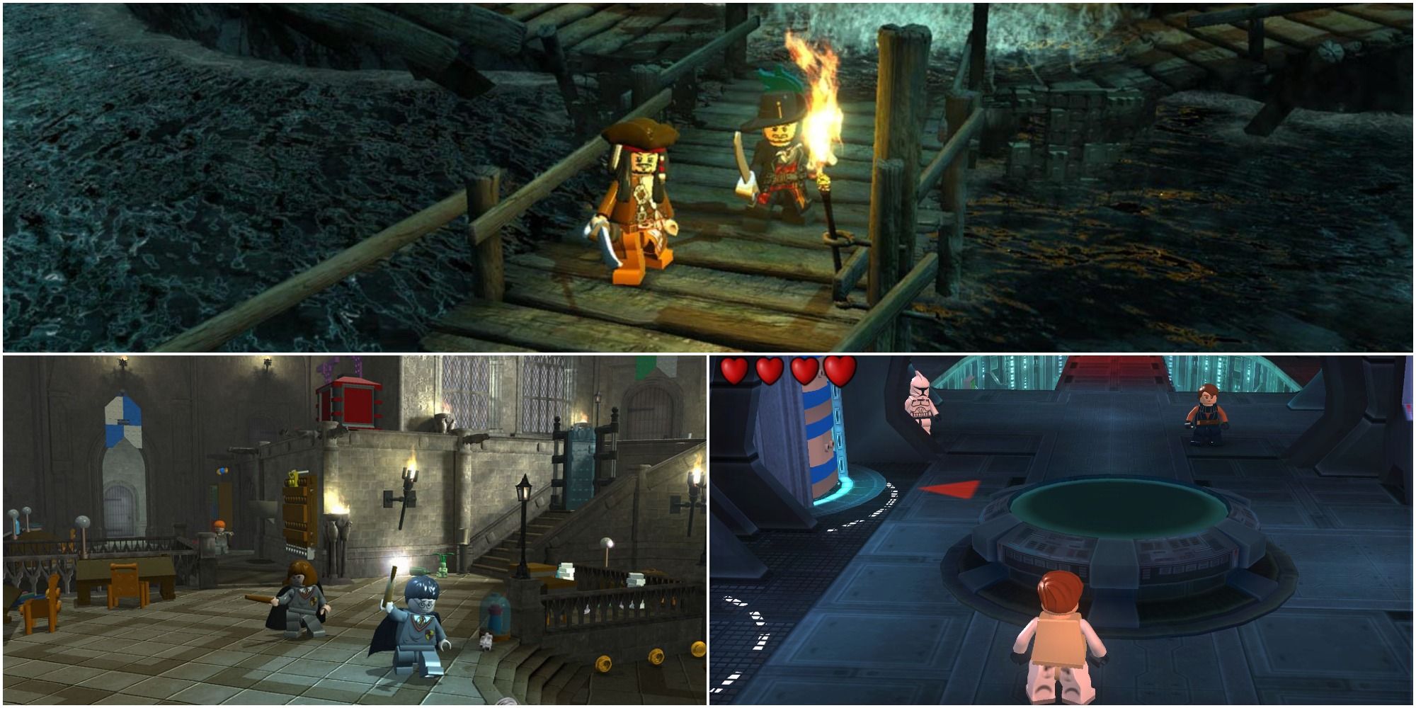 Split image screenshots of Captain Jack Sparrow and pirate companion in Lego Pirates of the Caribbean: The Video Game, Harry Potter and Hermione Granger in Lego Harry Potter: Years 1-4 and a battle scene featuring a Stormtrooper in Lego Star Wars II: The Original Trilogy