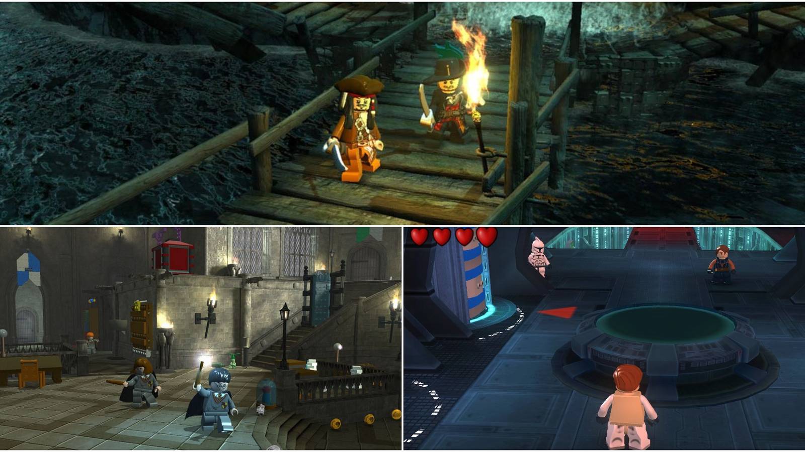 Split image screenshots of Captain Jack Sparrow and pirate companion in Lego Pirates of the Caribbean: The Video Game, Harry Potter and Hermione Granger in Lego Harry Potter: Years 1-4 and a battle scene featuring a Stormtrooper in Lego Star Wars II: The Original Trilogy