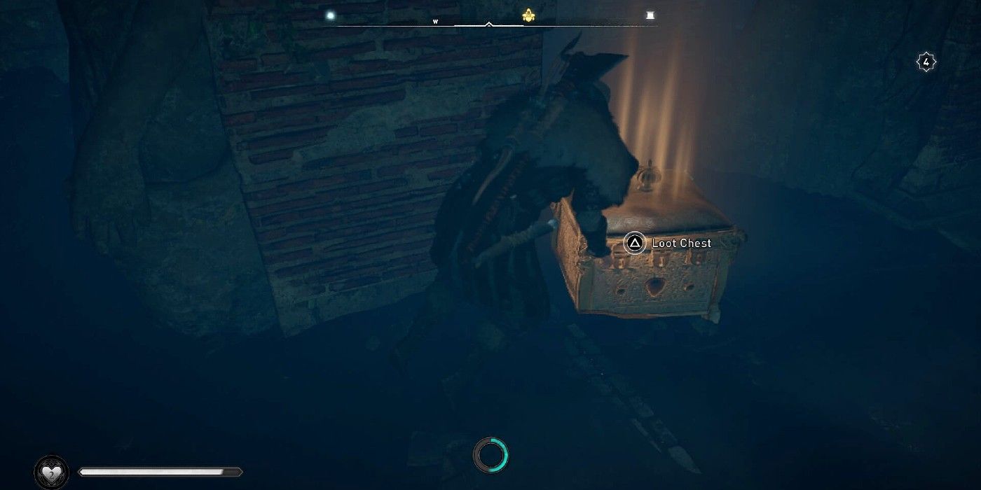 Thegn's Heavy Tunic glowing loot chest in a dark crypt in Assassin's Creed Valhalla