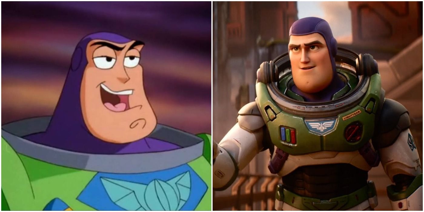 Buzz Lightyear in Star Command (left) and Lightyear (right)